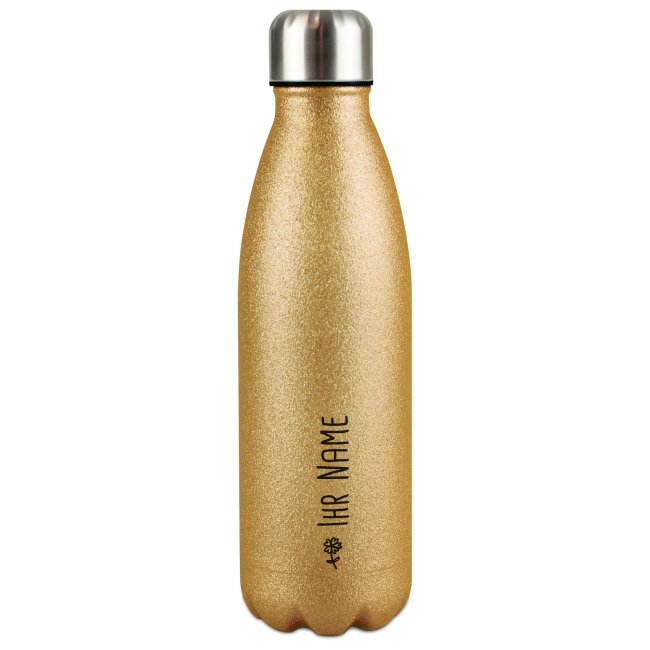 Trinkflasche aus Edelstahl mit Glitzer - mit Name - Symbol Blume - Gold