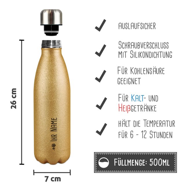 Trinkflasche aus Edelstahl mit Glitzer - mit Name - Symbol Blume - Gold
