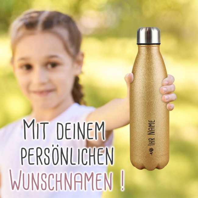 Trinkflasche aus Edelstahl mit Glitzer - mit Name - Symbol Blume - Gold