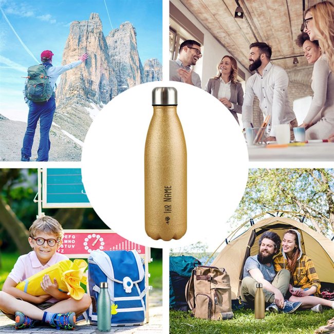 Trinkflasche aus Edelstahl mit Glitzer - mit Name - Symbol Blume - Gold