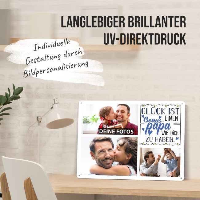 Blechschild f&uuml;r den Bonuspapa - Gl&uuml;ck ist - Collage mit 3 Fotos - DIN A3