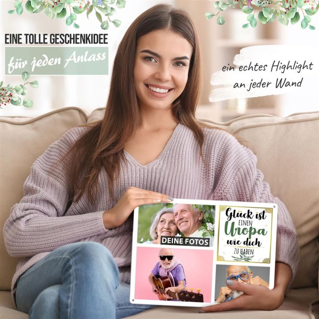 Blechschild f&uuml;r den Uropa gestalten - Gl&uuml;ck ist - Collage mit 3 Fotos - DIN A3