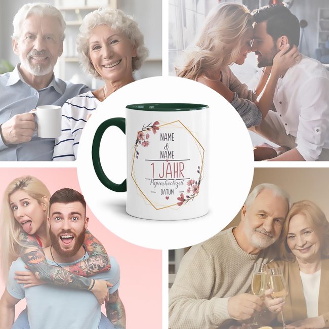 Tasse zum Hochzeitstag - mit Name &amp; Datum - 1 Jahr - Papierhochzeit - Innen &amp; Henkel Dunkelgr&uuml;n