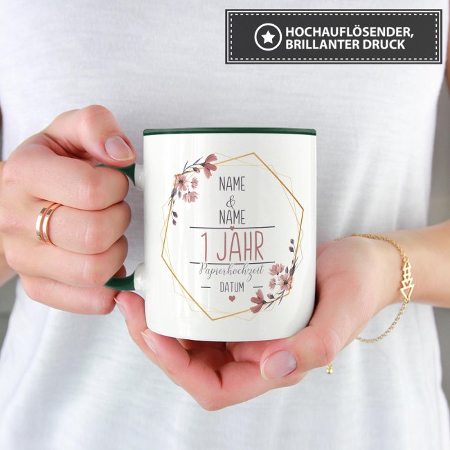 Tasse zum Hochzeitstag - mit Name &amp; Datum - 1 Jahr - Papierhochzeit - Innen &amp; Henkel Dunkelgr&uuml;n