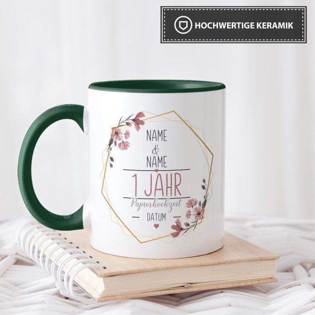 Tasse zum Hochzeitstag - mit Name &amp; Datum - 1 Jahr - Papierhochzeit - Innen &amp; Henkel Dunkelgr&uuml;n