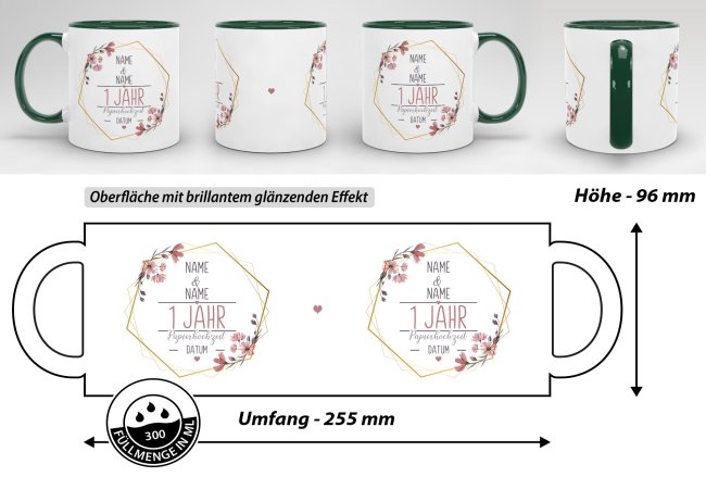 Tasse zum Hochzeitstag - mit Name &amp; Datum - 1 Jahr - Papierhochzeit - Innen &amp; Henkel Dunkelgr&uuml;n