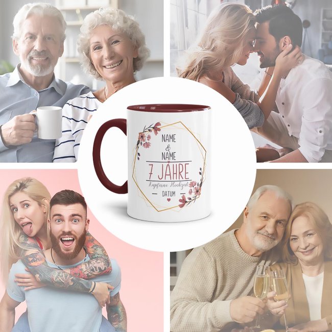 Tasse zum Hochzeitstag - mit Name &amp; Datum - 7 Jahre - Kupferne Hochzeit - Innen &amp; Henkel Weinrot
