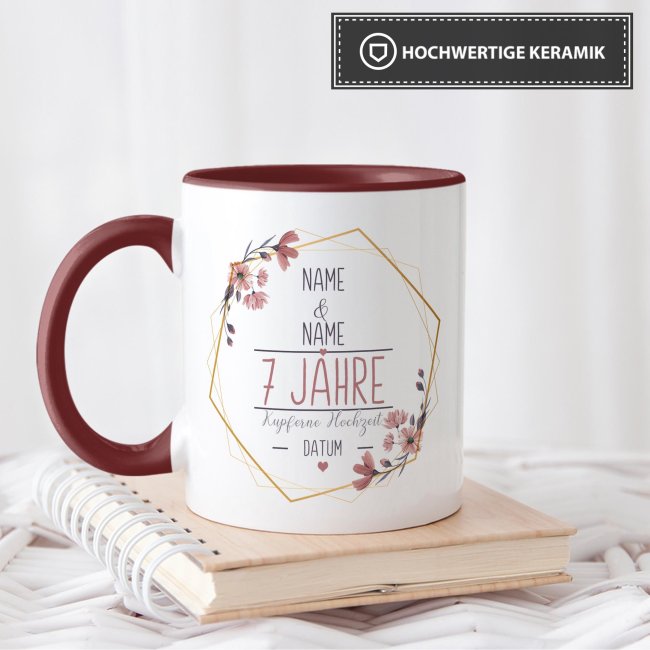 Tasse zum Hochzeitstag - mit Name &amp; Datum - 7 Jahre - Kupferne Hochzeit - Innen &amp; Henkel Weinrot