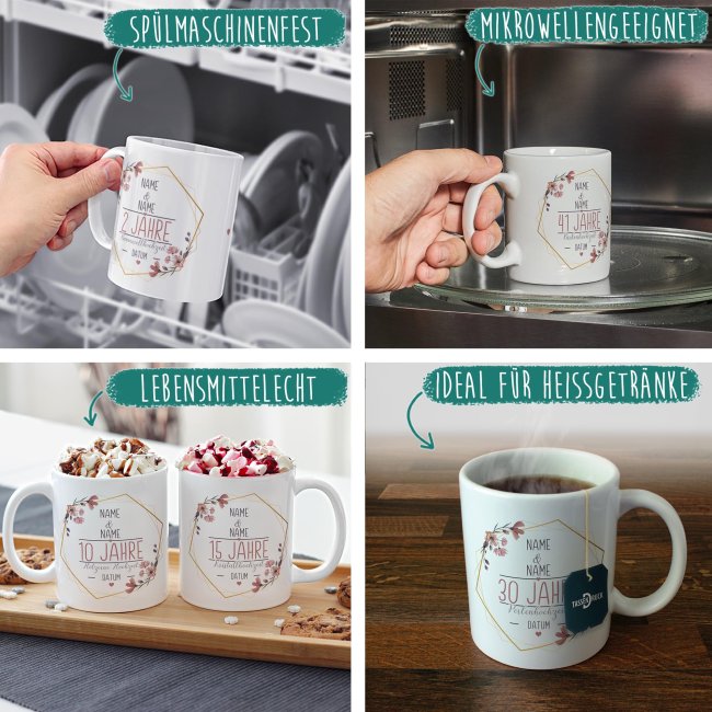 Tasse zum Hochzeitstag - mit Name &amp; Datum - 7 Jahre - Kupferne Hochzeit - Innen &amp; Henkel Weinrot
