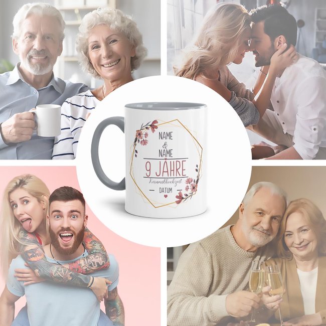 Tasse zum Hochzeitstag - mit Name &amp; Datum - 9 Jahre - Keramikhochzeit - Innen &amp; Henkel Grau