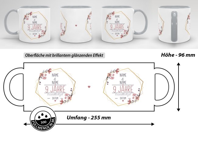 Tasse zum Hochzeitstag - mit Name &amp; Datum - 9 Jahre - Keramikhochzeit - Innen &amp; Henkel Grau
