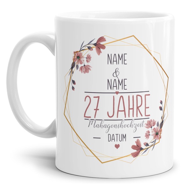 Tasse zum Hochzeitstag - mit Name &amp; Datum - 27 Jahre - Mahagonihochzeit - Wei&szlig;