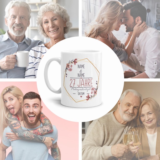 Tasse zum Hochzeitstag - mit Name &amp; Datum - 27 Jahre - Mahagonihochzeit - Wei&szlig;