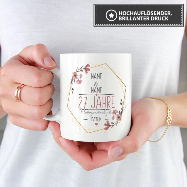 Tasse zum Hochzeitstag - mit Name &amp; Datum - 27 Jahre - Mahagonihochzeit - Wei&szlig;
