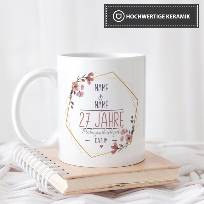 Tasse zum Hochzeitstag - mit Name &amp; Datum - 27 Jahre - Mahagonihochzeit - Wei&szlig;