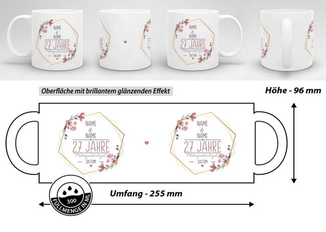 Tasse zum Hochzeitstag - mit Name &amp; Datum - 27 Jahre - Mahagonihochzeit - Wei&szlig;