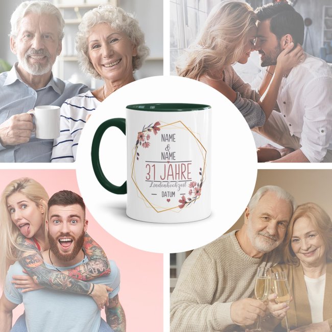 Tasse zum Hochzeitstag - mit Name &amp; Datum - 31 Jahre - Lindenhochzeit - Innen &amp; Henkel Dunkelgr&uuml;n