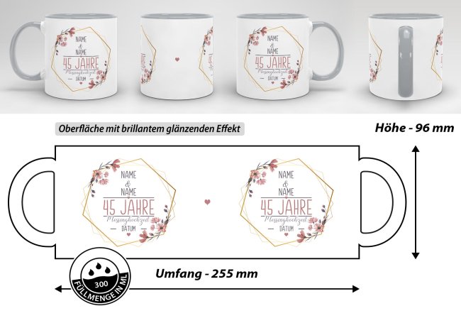 Tasse zum Hochzeitstag - mit Name &amp; Datum - 45 Jahre - Messinghochzeit - Innen &amp; Henkel Grau