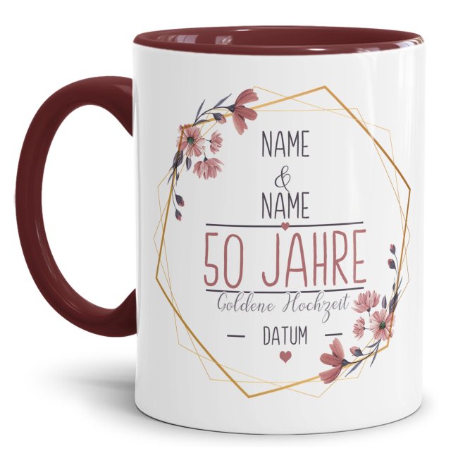 Tasse zum Hochzeitstag - mit Name &amp; Datum - 50 Jahre - Goldene Hochzeit - Innen &amp; Henkel Weinrot