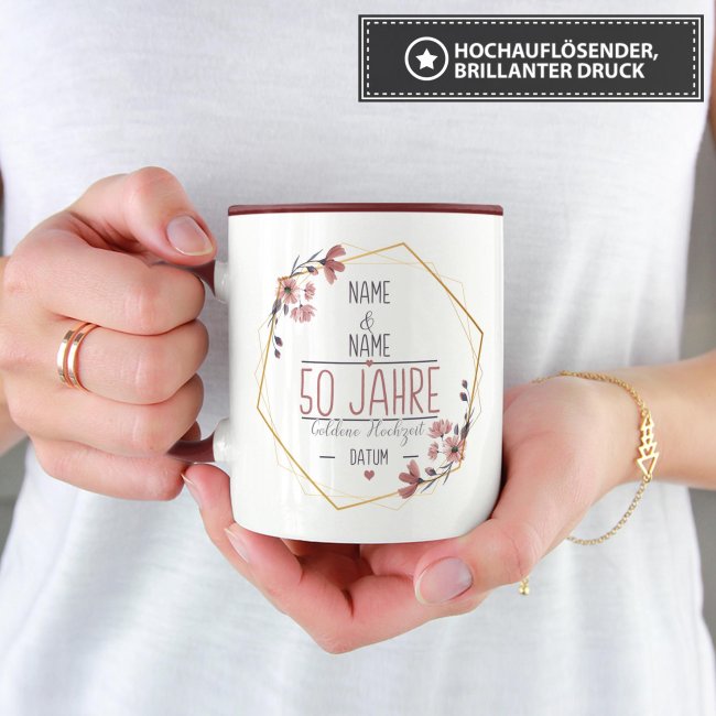 Tasse zum Hochzeitstag - mit Name &amp; Datum - 50 Jahre - Goldene Hochzeit - Innen &amp; Henkel Weinrot