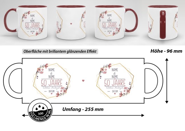 Tasse zum Hochzeitstag - mit Name &amp; Datum - 50 Jahre - Goldene Hochzeit - Innen &amp; Henkel Weinrot