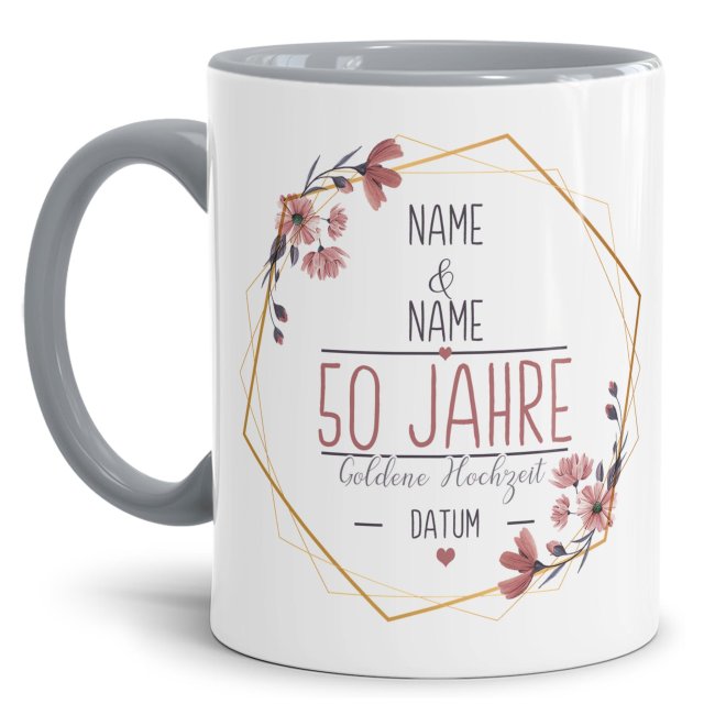 Tasse zum Hochzeitstag - mit Name &amp; Datum - 50 Jahre - Goldene Hochzeit - Innen &amp; Henkel Grau