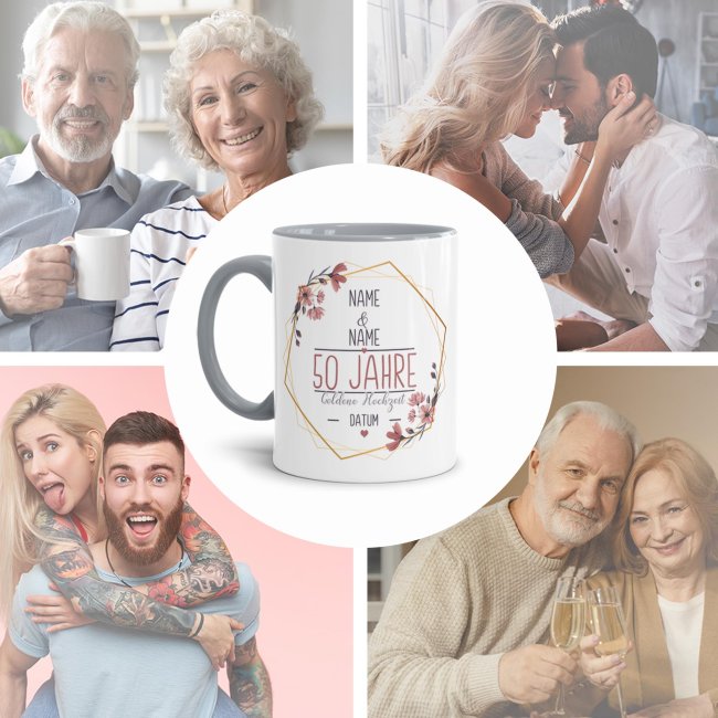 Tasse zum Hochzeitstag - mit Name &amp; Datum - 50 Jahre - Goldene Hochzeit - Innen &amp; Henkel Grau