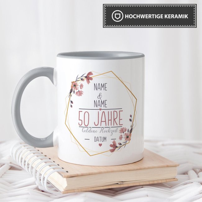 Tasse zum Hochzeitstag - mit Name &amp; Datum - 50 Jahre - Goldene Hochzeit - Innen &amp; Henkel Grau