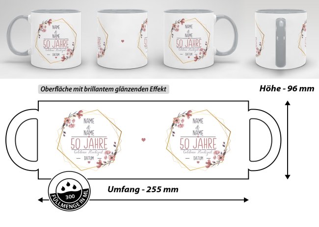 Tasse zum Hochzeitstag - mit Name &amp; Datum - 50 Jahre - Goldene Hochzeit - Innen &amp; Henkel Grau