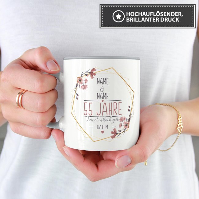Tasse zum Hochzeitstag - mit Name &amp; Datum - 55 Jahre - Juwelenhochzeit - Innen &amp; Henkel Grau