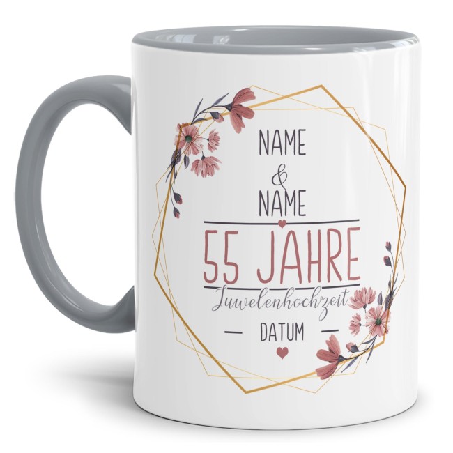 Tasse zum Hochzeitstag - mit Name &amp; Datum - 55 Jahre - Juwelenhochzeit - Innen &amp; Henkel Grau