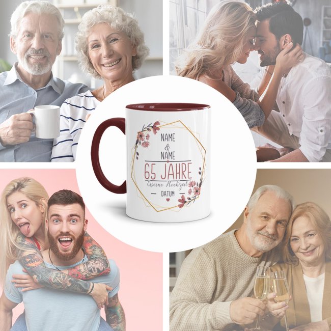 Tasse zum Hochzeitstag - mit Name &amp; Datum - 65 Jahre - Eiserne Hochzeit - Innen &amp; Henkel Weinrot