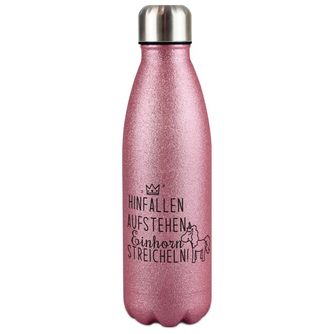 Glitzer-Trinkflasche mit Spruch - Hinfallen aufstehen Einhorn streicheln - Pink