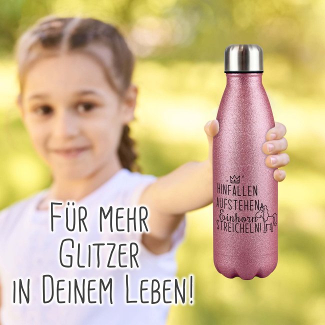 Glitzer-Trinkflasche mit Spruch - Hinfallen aufstehen Einhorn streicheln - Pink