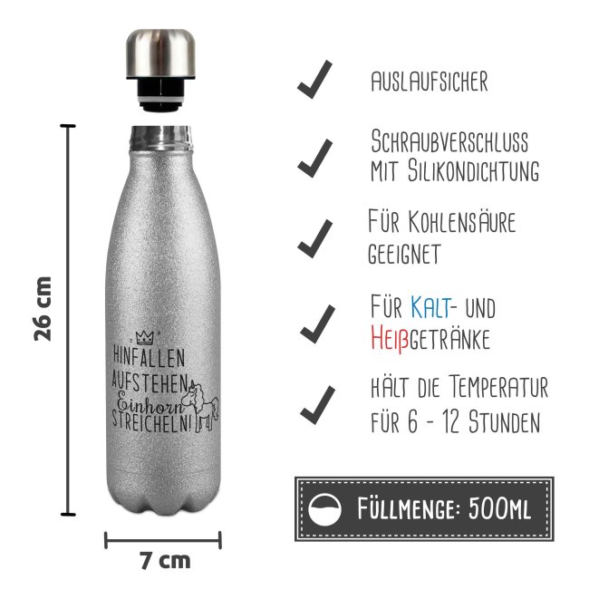Glitzer-Trinkflasche mit Spruch - Hinfallen aufstehen Einhorn streicheln - Silber