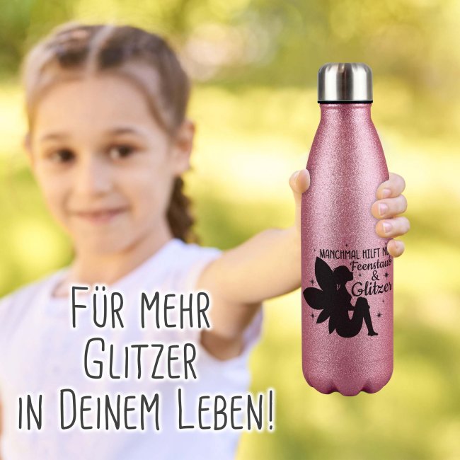 Glitzer-Trinkflasche mit Spruch - Manchmal hilft nur Feenstaub &amp; Glitzer