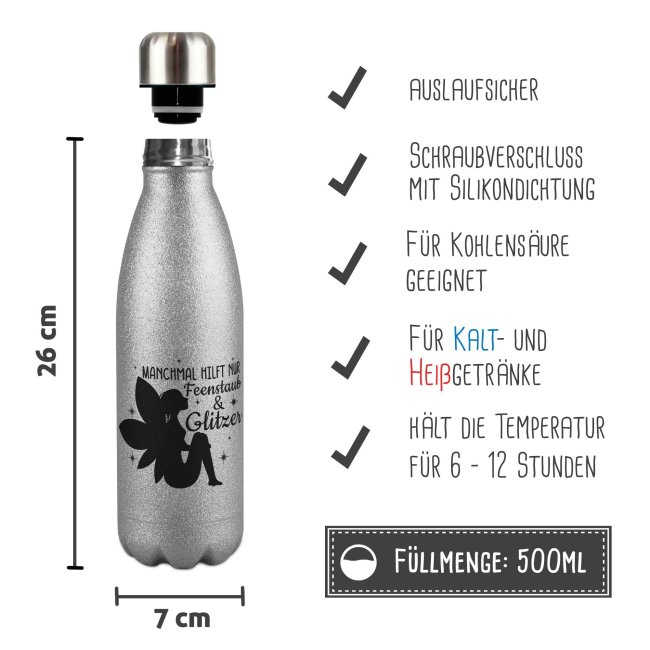 Glitzer-Trinkflasche mit Spruch - Manchmal hilft nur Feenstaub &amp; Glitzer - Silber