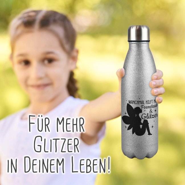 Glitzer-Trinkflasche mit Spruch - Manchmal hilft nur Feenstaub &amp; Glitzer - Silber