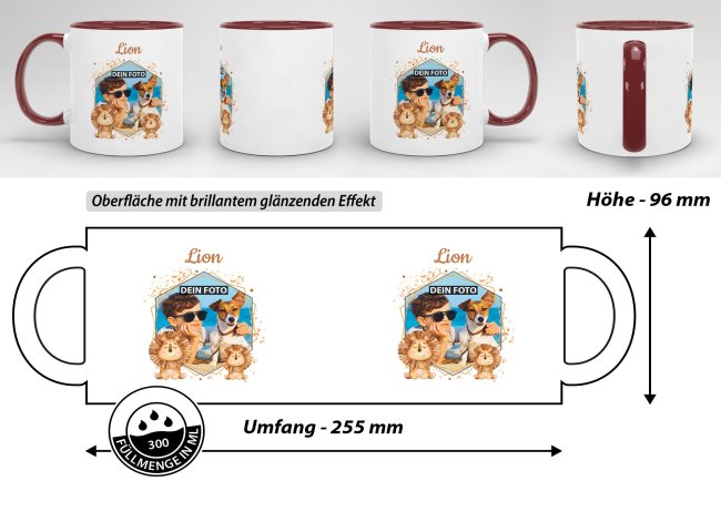 Tasse f&uuml;r Kinder - Fotocollage L&ouml;we - mit Name - Innen &amp; Henkel Weinrot