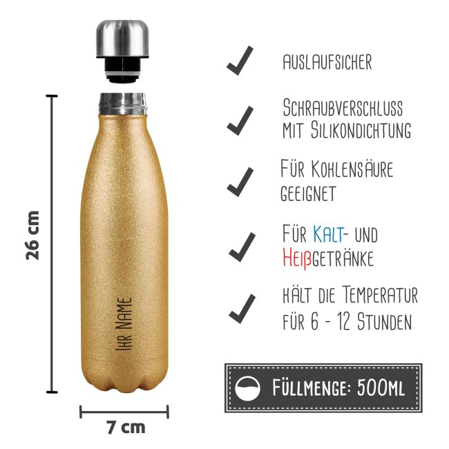 Trinkflasche aus Edelstahl mit Glitzer - individuell mit Name - Gold