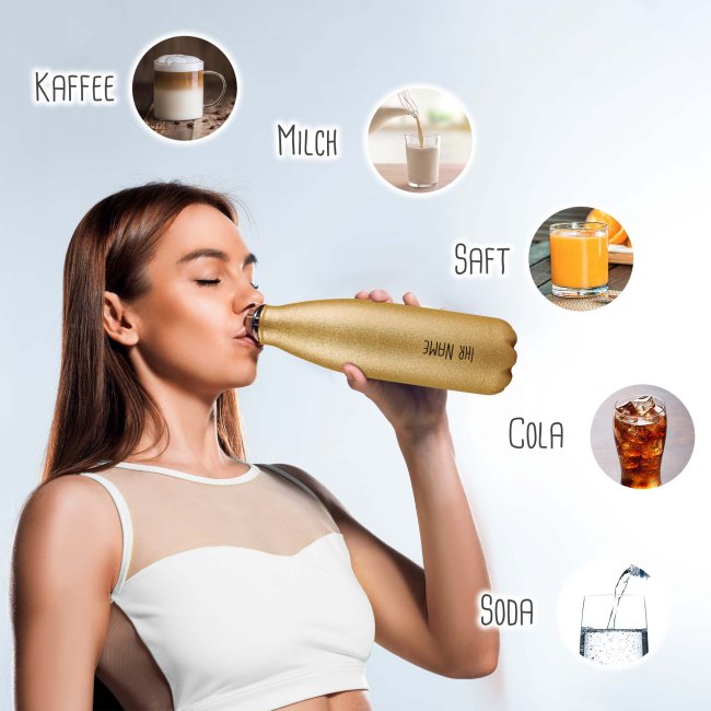 Trinkflasche aus Edelstahl mit Glitzer - individuell mit Name - Gold