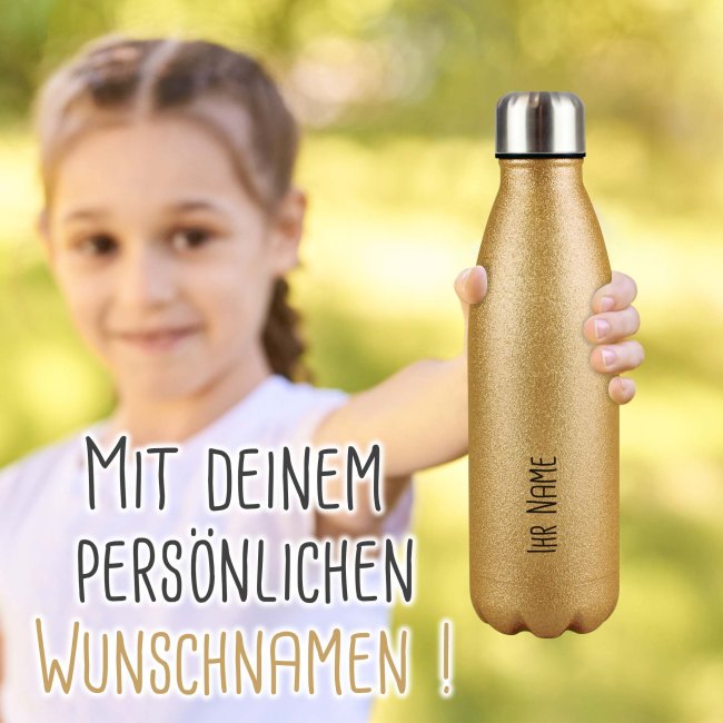 Trinkflasche aus Edelstahl mit Glitzer - individuell mit Name - Gold