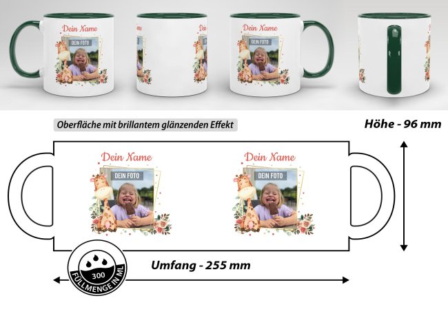 Tasse f&uuml;r Kinder - Fotocollage Giraffe - mit Name - Innen &amp; Henkel Dunkelgr&uuml;n