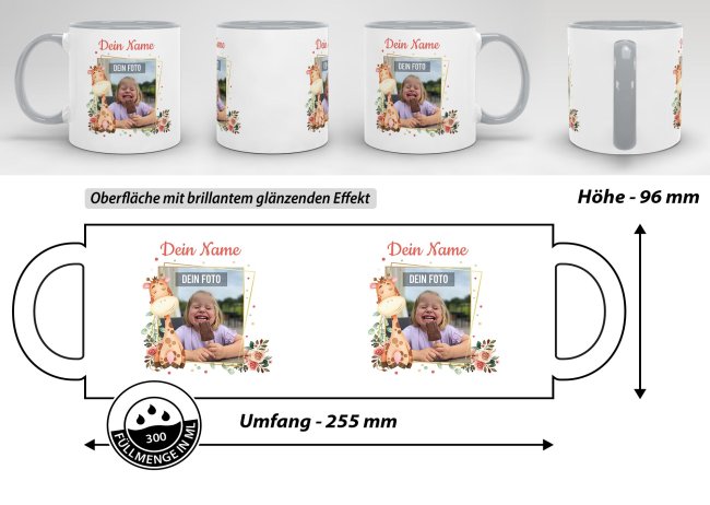 Tasse f&uuml;r Kinder - Fotocollage Giraffe - mit Name - Innen &amp; Henkel Grau