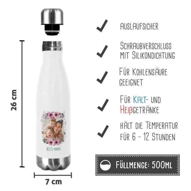 Edelstahl Trinkflasche mit Bild und Name - Rahmen rosa Bl&uuml;mchen - 500 ml