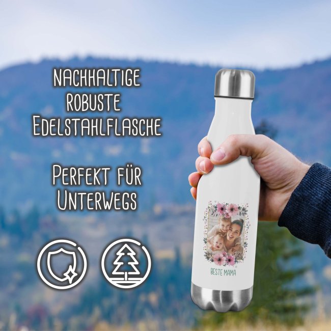 Edelstahl Trinkflasche mit Bild und Name - Rahmen rosa Bl&uuml;mchen - 500 ml