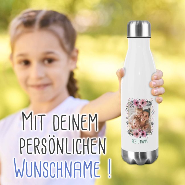 Edelstahl Trinkflasche mit Bild und Name - Rahmen rosa Bl&uuml;mchen - 500 ml