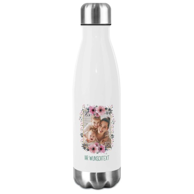 Edelstahl Trinkflasche mit Bild und Name - Rahmen rosa Bl&uuml;mchen - 500 ml