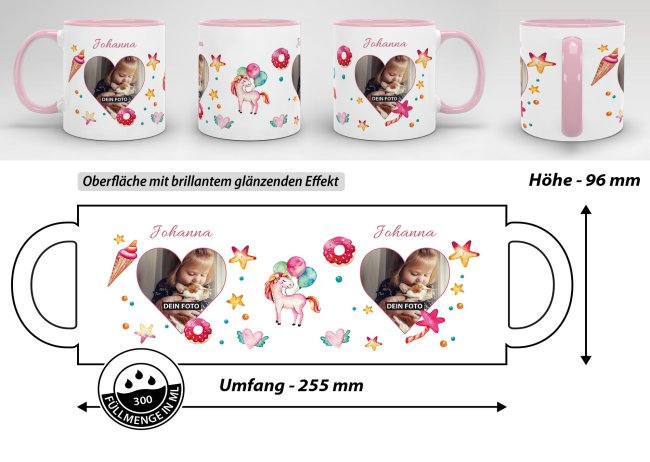 Namenstasse f&uuml;r Kinder - Fotocollage Einhorn - Innen &amp; Henkel Rosa