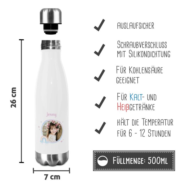 Trinkflasche aus Edelstahl f&uuml;r Kinder - mit Bild und Name - Regenbogen - 500 ml